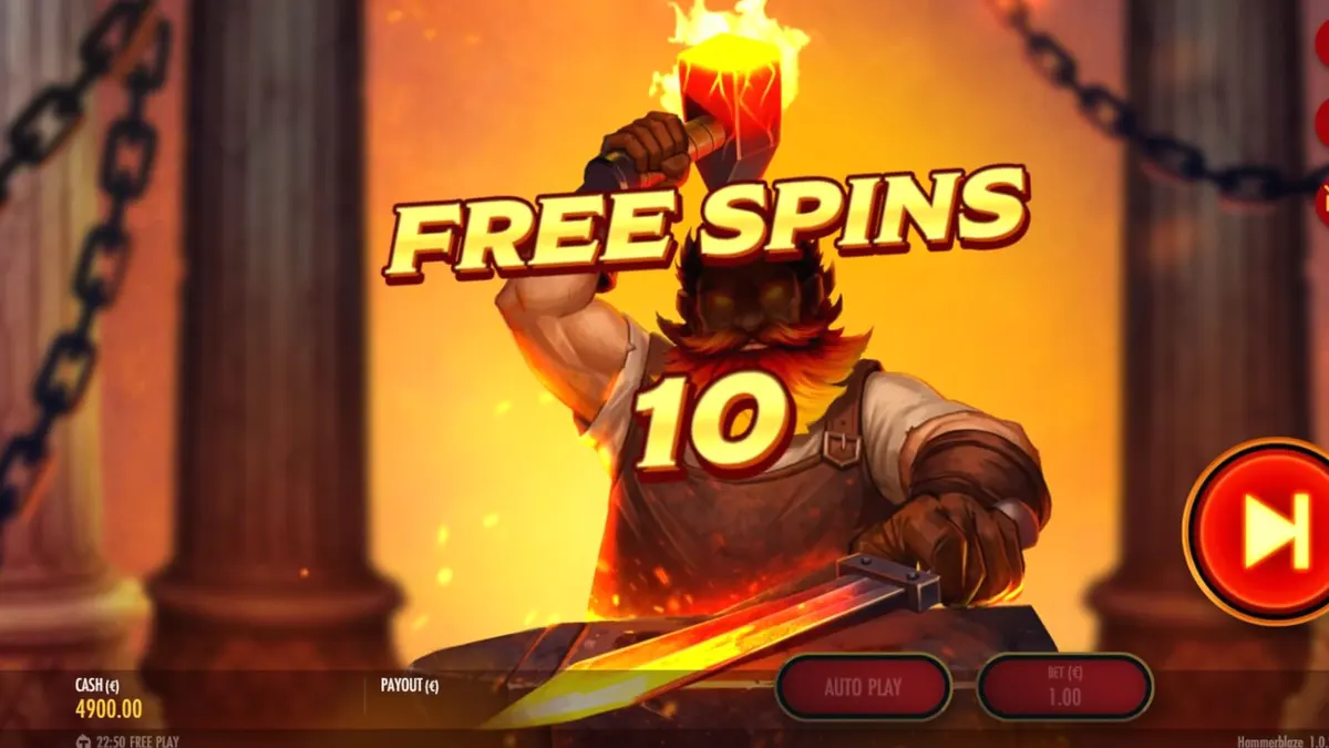 Tampilan visual grid 7x7 slot Hammerblaze dengan tema pandai besi mitologi Yunani