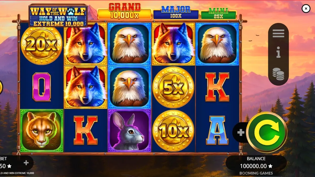 Tampilan visual slot Way of the Wolf Hold and Win Extreme 10,000 dengan latar belakang hutan malam yang mencekam